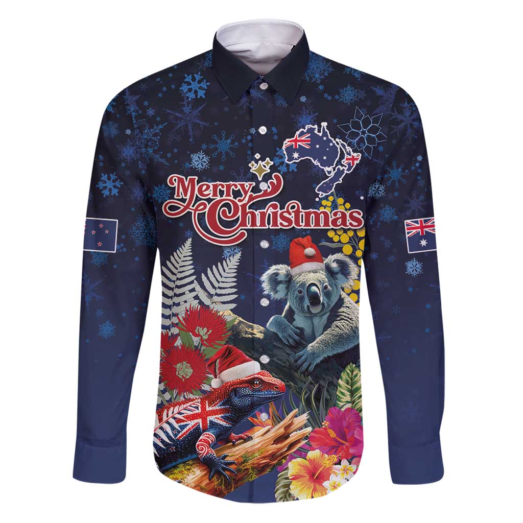 Australia and New Zealand Family Matching Puletasi and Hawaiian Shirt Merry Christmas-Tuatara and Koala with Plants Xmas Style LT03 Dad's Shirt - Long Sleeve Navy - Polynesian Pride