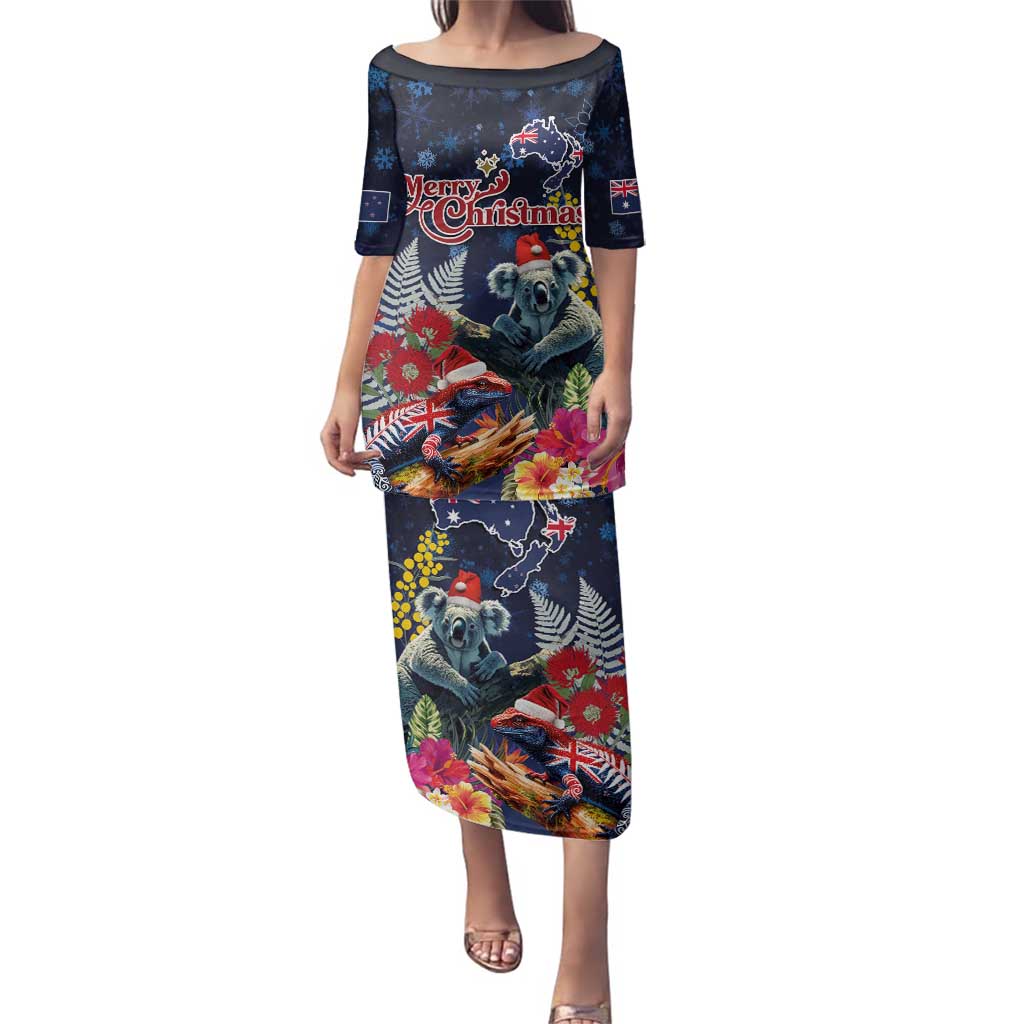 Australia and New Zealand Family Matching Puletasi and Hawaiian Shirt Merry Christmas-Tuatara and Koala with Plants Xmas Style LT03 Mom's Dress Navy - Polynesian Pride