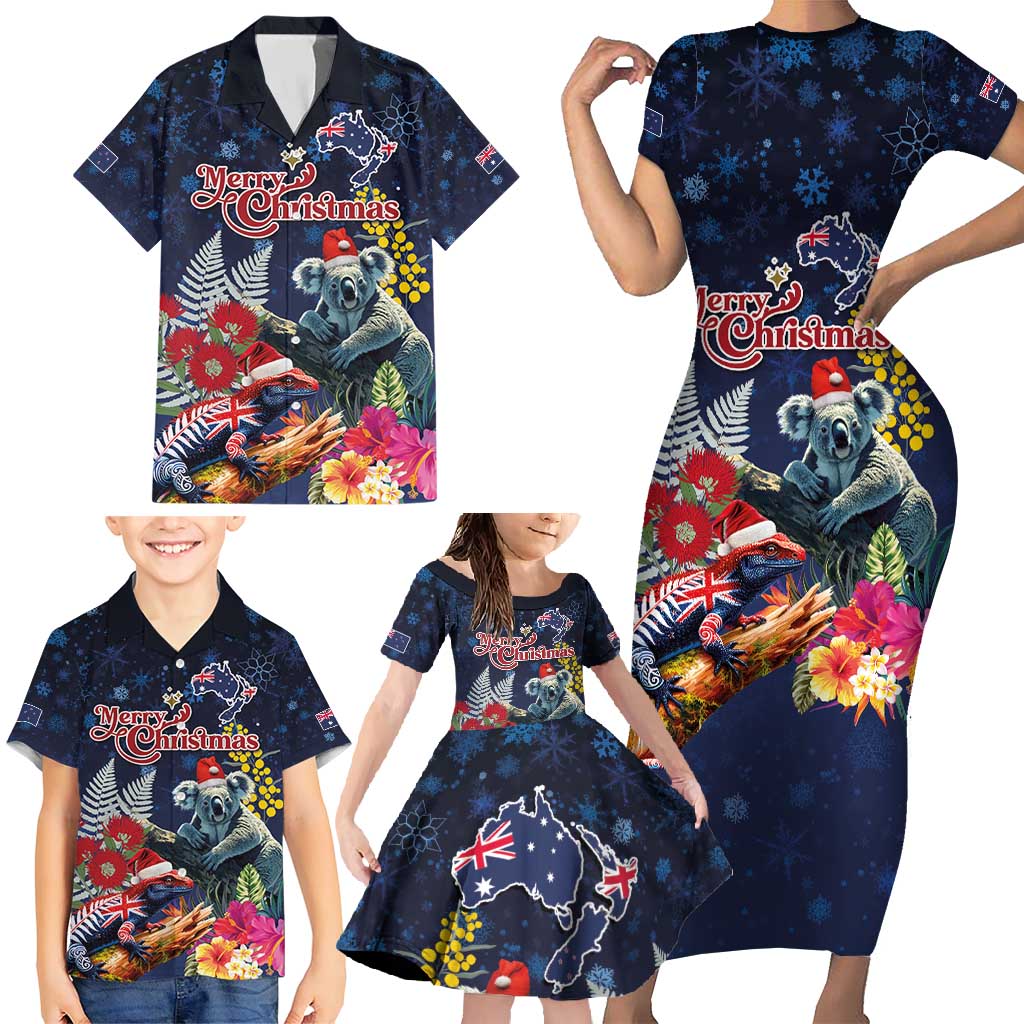 Australia and New Zealand Family Matching Short Sleeve Bodycon Dress and Hawaiian Shirt Merry Christmas-Tuatara and Koala with Plants Xmas Style LT03 - Polynesian Pride