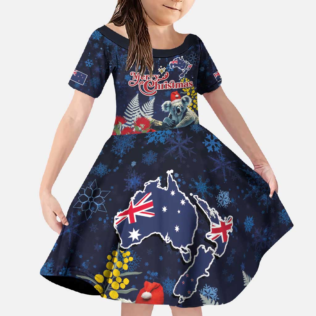Australia and New Zealand Family Matching Summer Maxi Dress and Hawaiian Shirt Merry Christmas-Tuatara and Koala with Plants Xmas Style LT03 Daughter's Dress Navy - Polynesian Pride