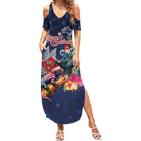 Australia and New Zealand Family Matching Summer Maxi Dress and Hawaiian Shirt Merry Christmas-Tuatara and Koala with Plants Xmas Style LT03 Mom's Dress Navy - Polynesian Pride