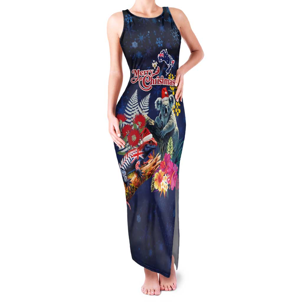 Australia and New Zealand Family Matching Tank Maxi Dress and Hawaiian Shirt Merry Christmas-Tuatara and Koala with Plants Xmas Style LT03 Mom's Dress Navy - Polynesian Pride