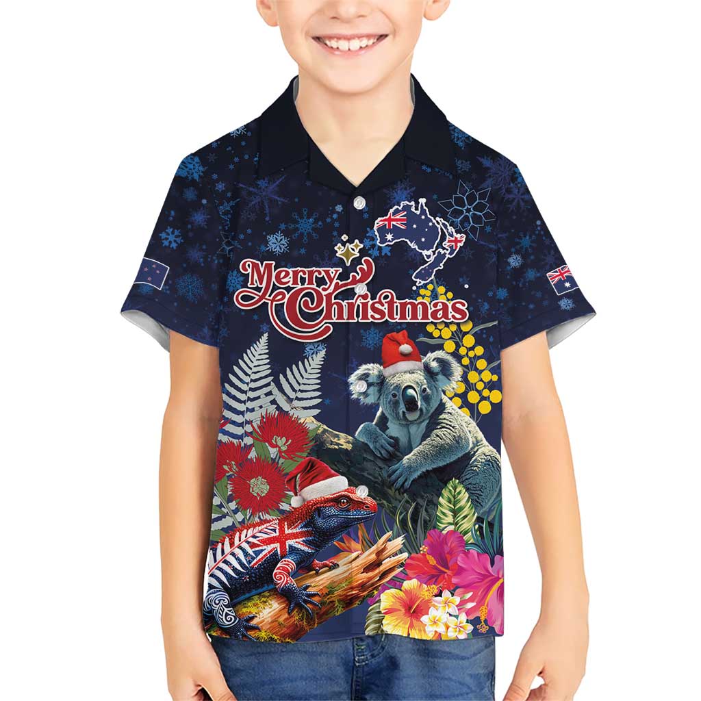 Australia and New Zealand Kid Hawaiian Shirt Merry Christmas-Tuatara and Koala with Plants Xmas Style LT03 Kid Navy - Polynesian Pride