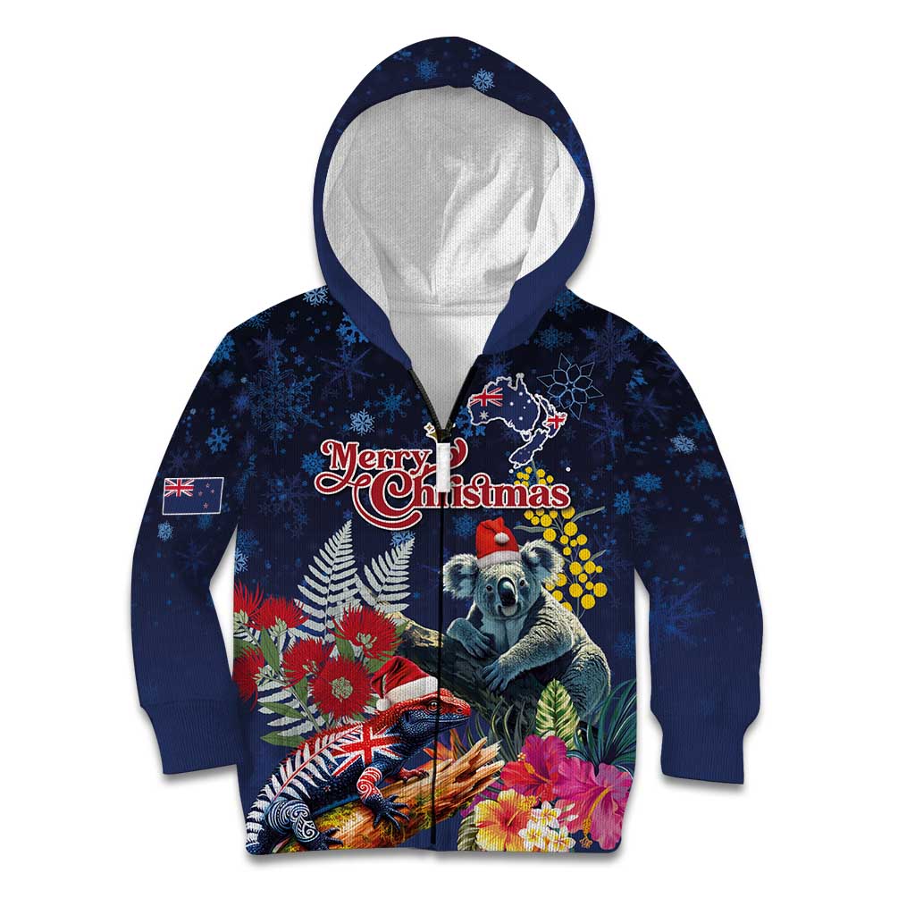 Australia and New Zealand Kid Hoodie Merry Christmas-Tuatara and Koala with Plants Xmas Style LT03 Zip Hoodie Navy - Polynesian Pride