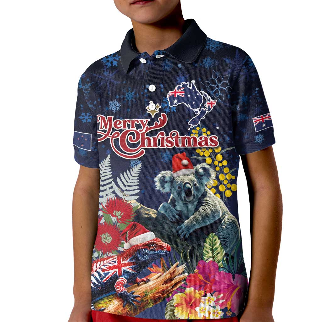 Australia and New Zealand Kid Polo Shirt Merry Christmas-Tuatara and Koala with Plants Xmas Style LT03 Kid Navy - Polynesian Pride