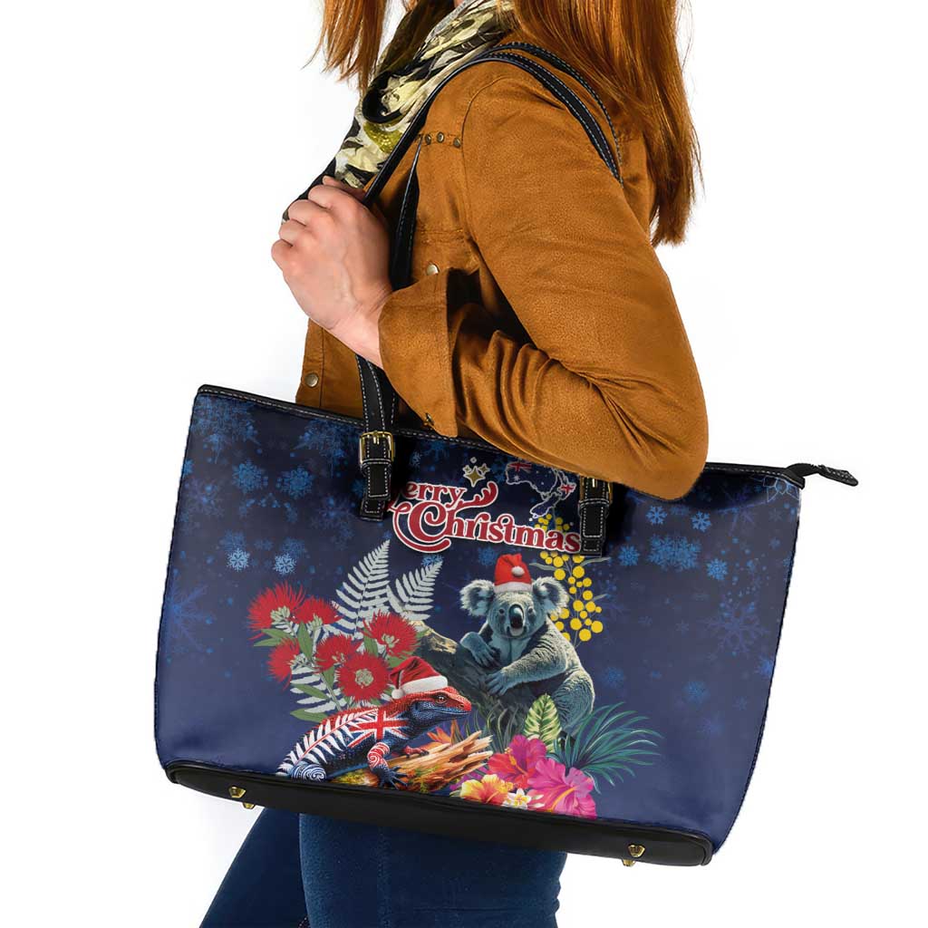Australia and New Zealand Leather Tote Bag Merry Christmas-Tuatara and Koala with Plants Xmas Style