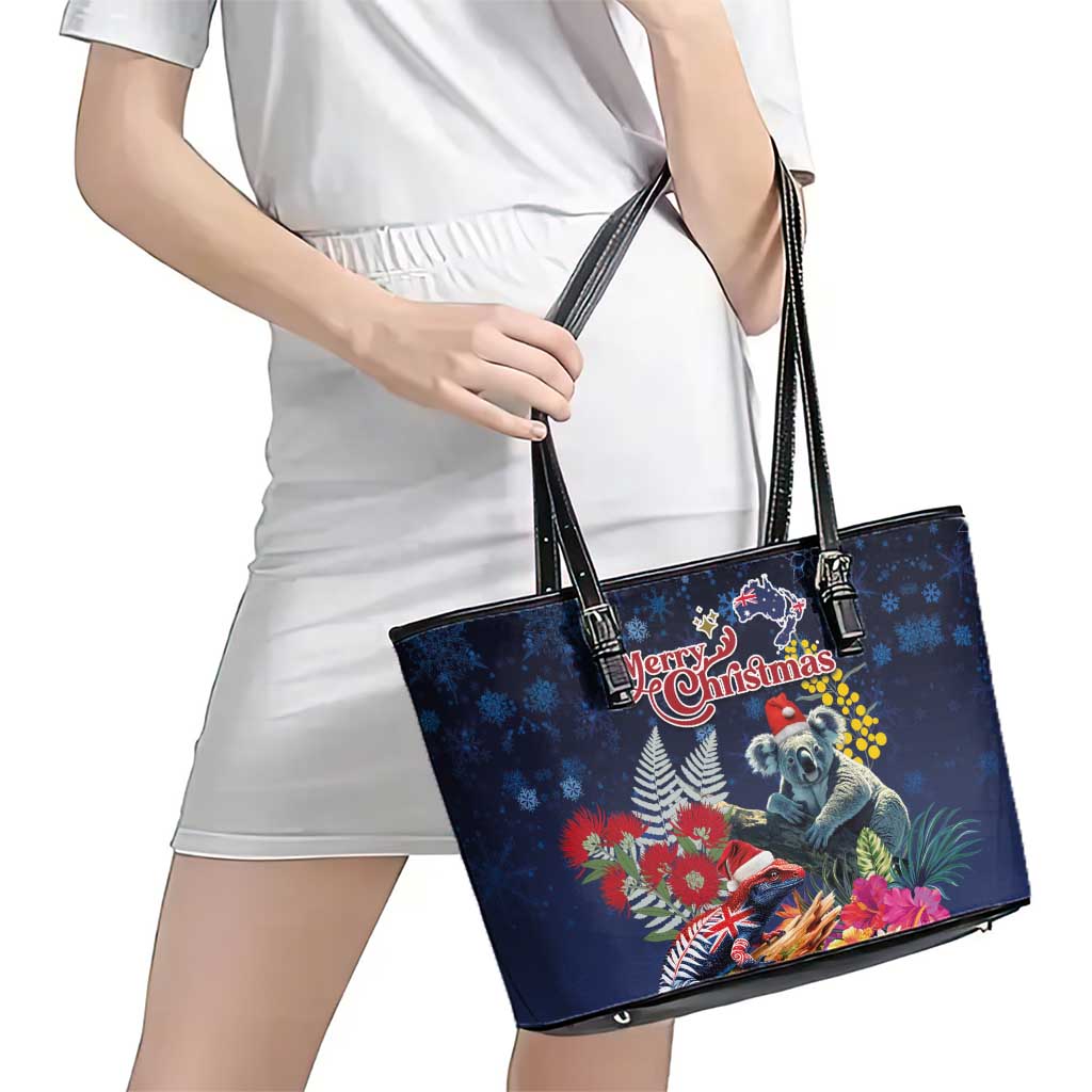 Australia and New Zealand Leather Tote Bag Merry Christmas-Tuatara and Koala with Plants Xmas Style