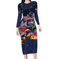 Australia and New Zealand Long Sleeve Bodycon Dress Merry Christmas-Tuatara and Koala with Plants Xmas Style LT03 Long Dress Navy - Polynesian Pride
