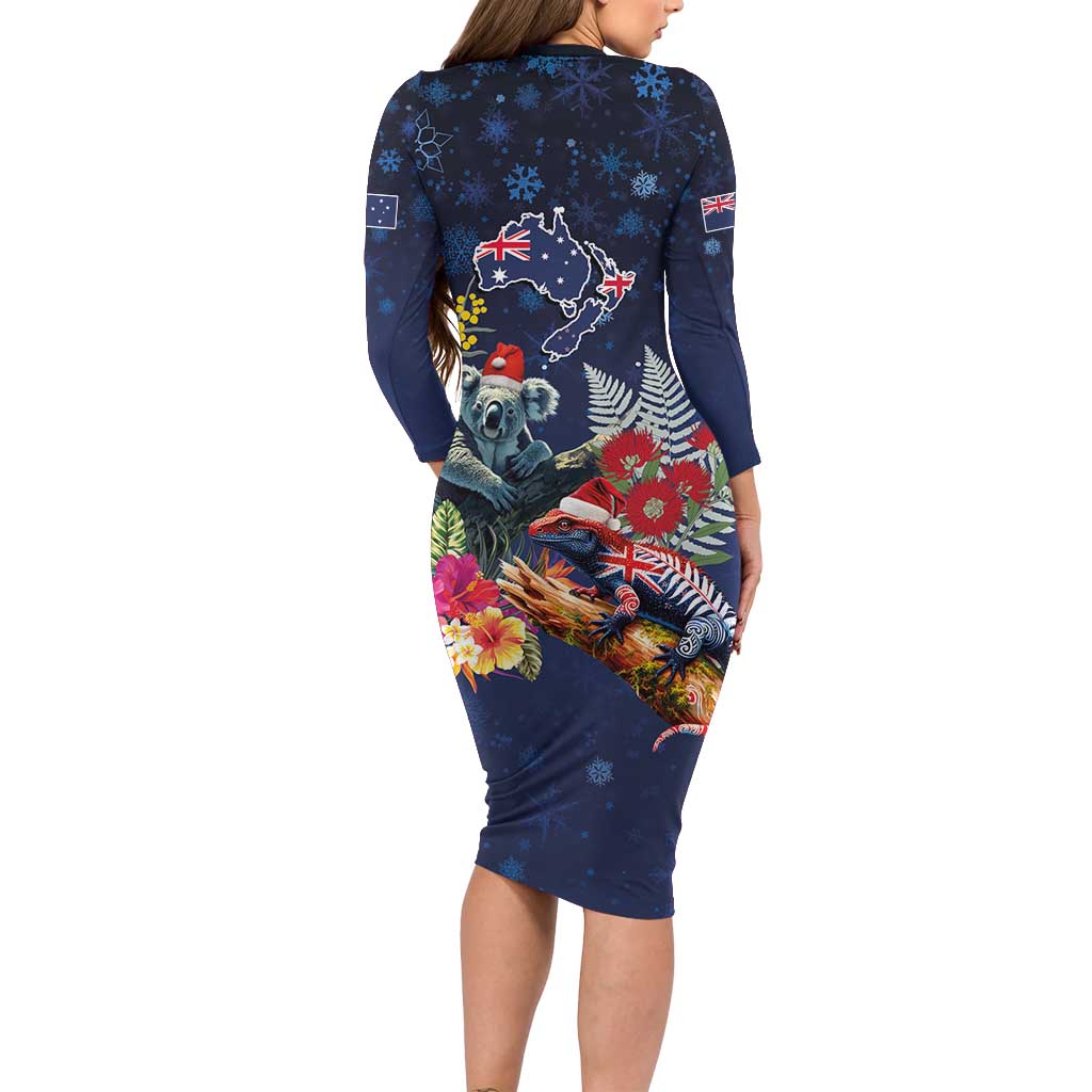 Australia and New Zealand Long Sleeve Bodycon Dress Merry Christmas-Tuatara and Koala with Plants Xmas Style LT03 - Polynesian Pride