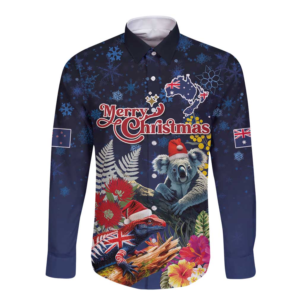 Australia and New Zealand Long Sleeve Button Shirt Merry Christmas-Tuatara and Koala with Plants Xmas Style LT03 Unisex Navy - Polynesian Pride