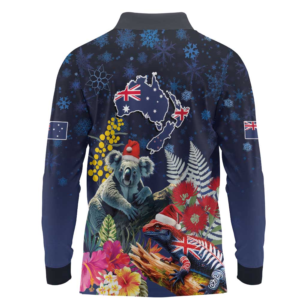 Australia and New Zealand Long Sleeve Polo Shirt Merry Christmas-Tuatara and Koala with Plants Xmas Style