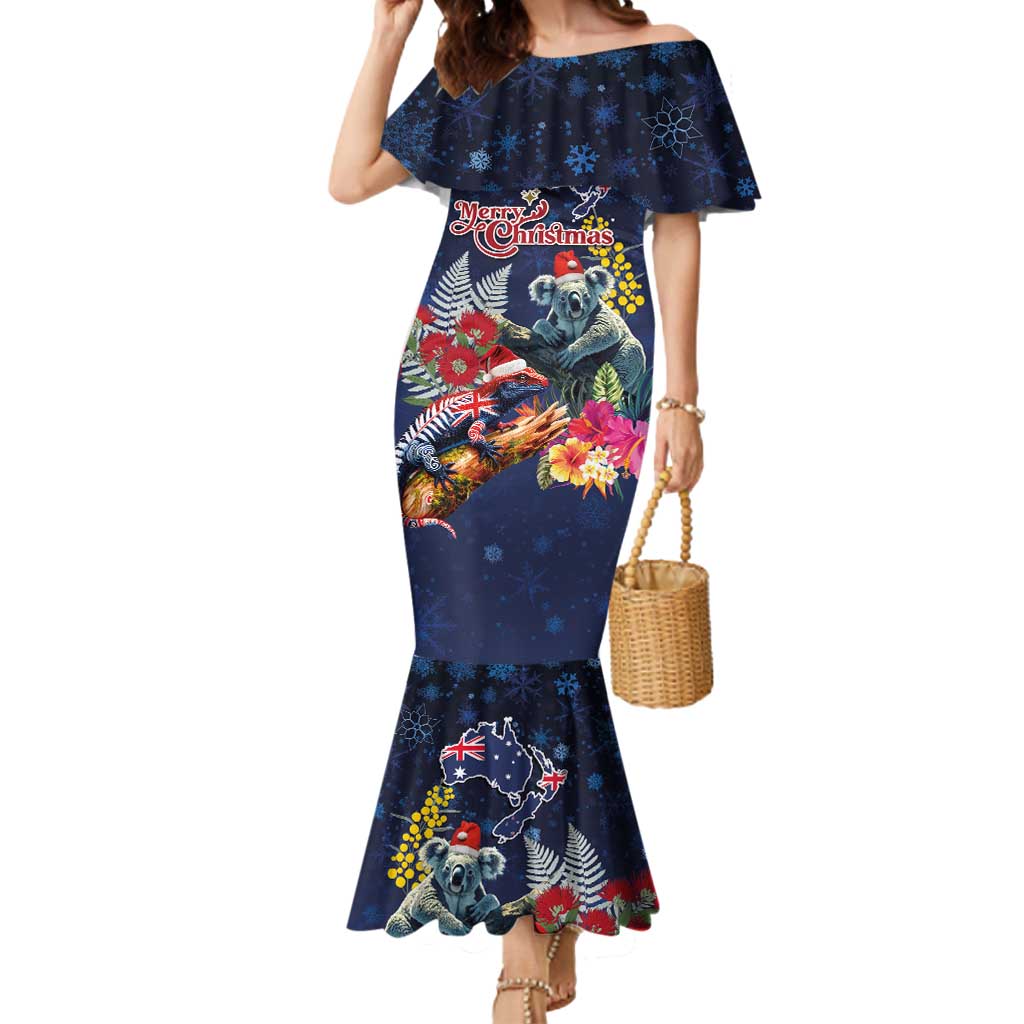 Australia and New Zealand Mermaid Dress Merry Christmas-Tuatara and Koala with Plants Xmas Style LT03 Women Navy - Polynesian Pride