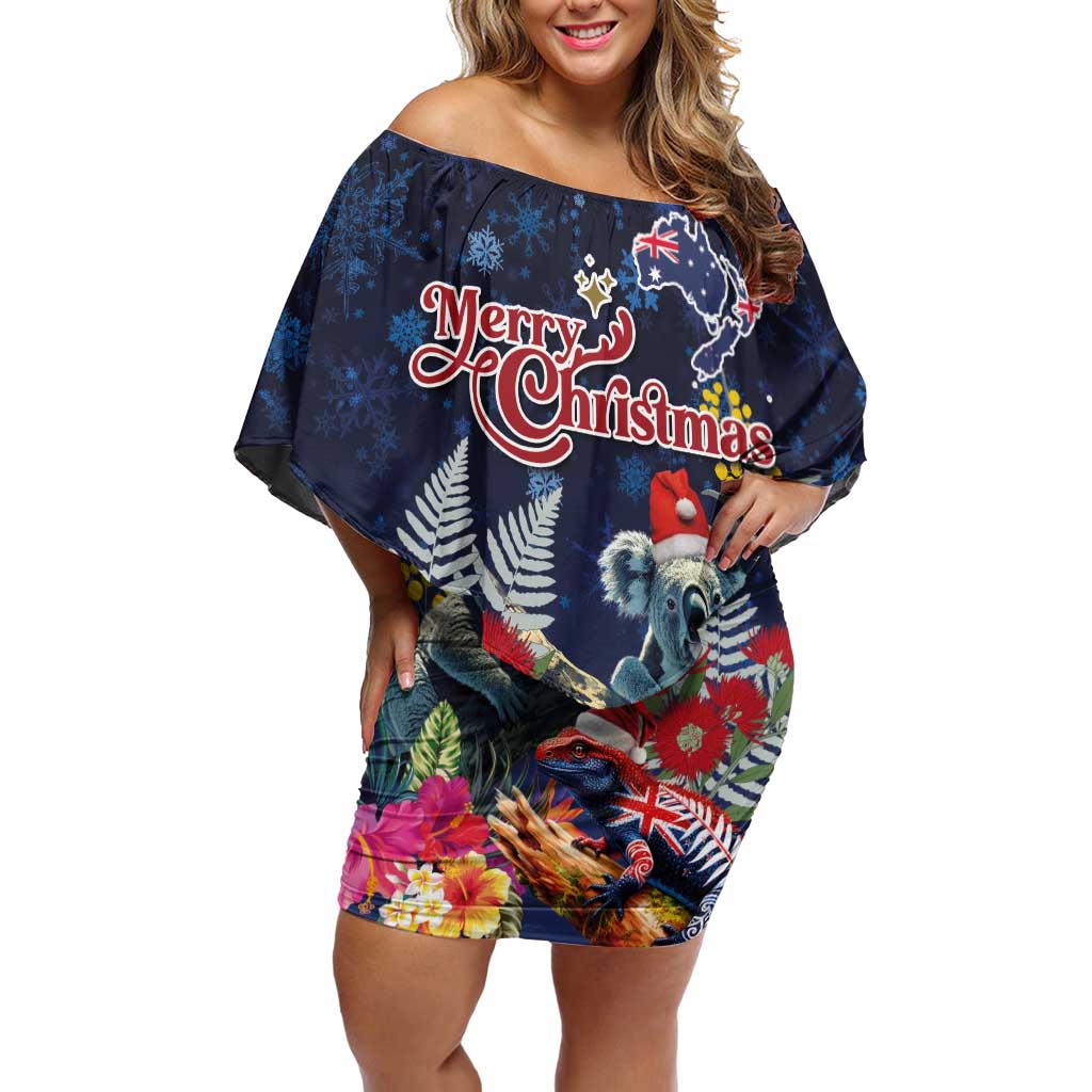 Australia and New Zealand Off Shoulder Short Dress Merry Christmas-Tuatara and Koala with Plants Xmas Style LT03 Women Navy - Polynesian Pride
