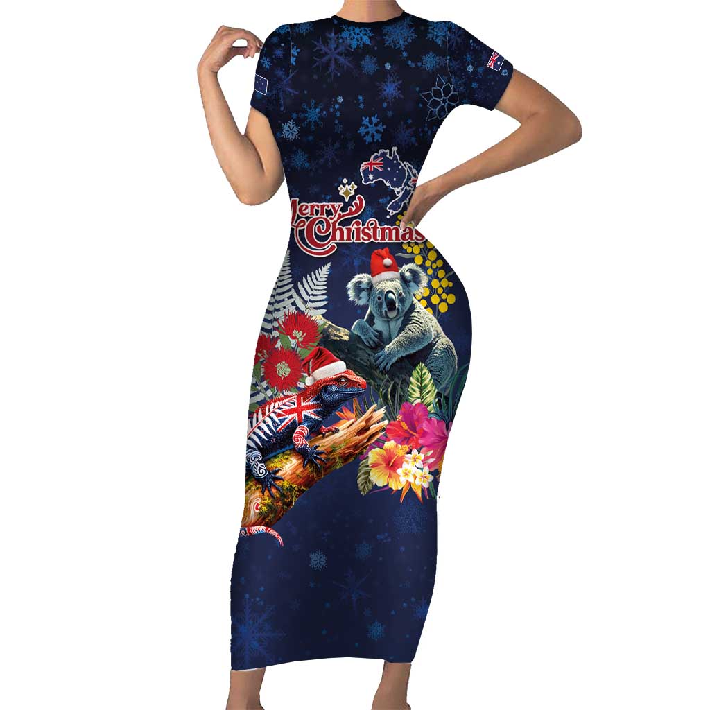 Australia and New Zealand Short Sleeve Bodycon Dress Merry Christmas-Tuatara and Koala with Plants Xmas Style LT03 Long Dress Navy - Polynesian Pride