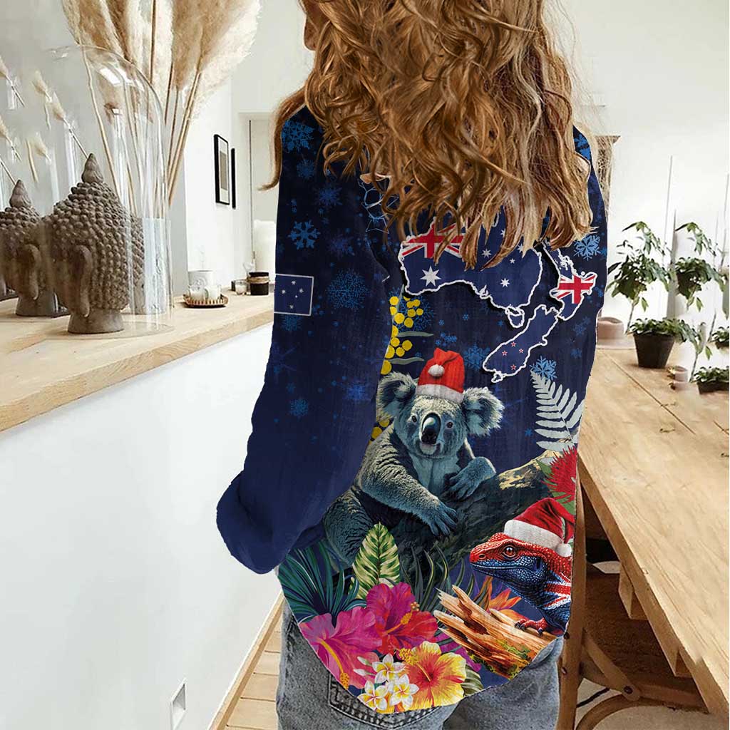 Australia and New Zealand Women Casual Shirt Merry Christmas-Tuatara and Koala with Plants Xmas Style LT03 - Polynesian Pride