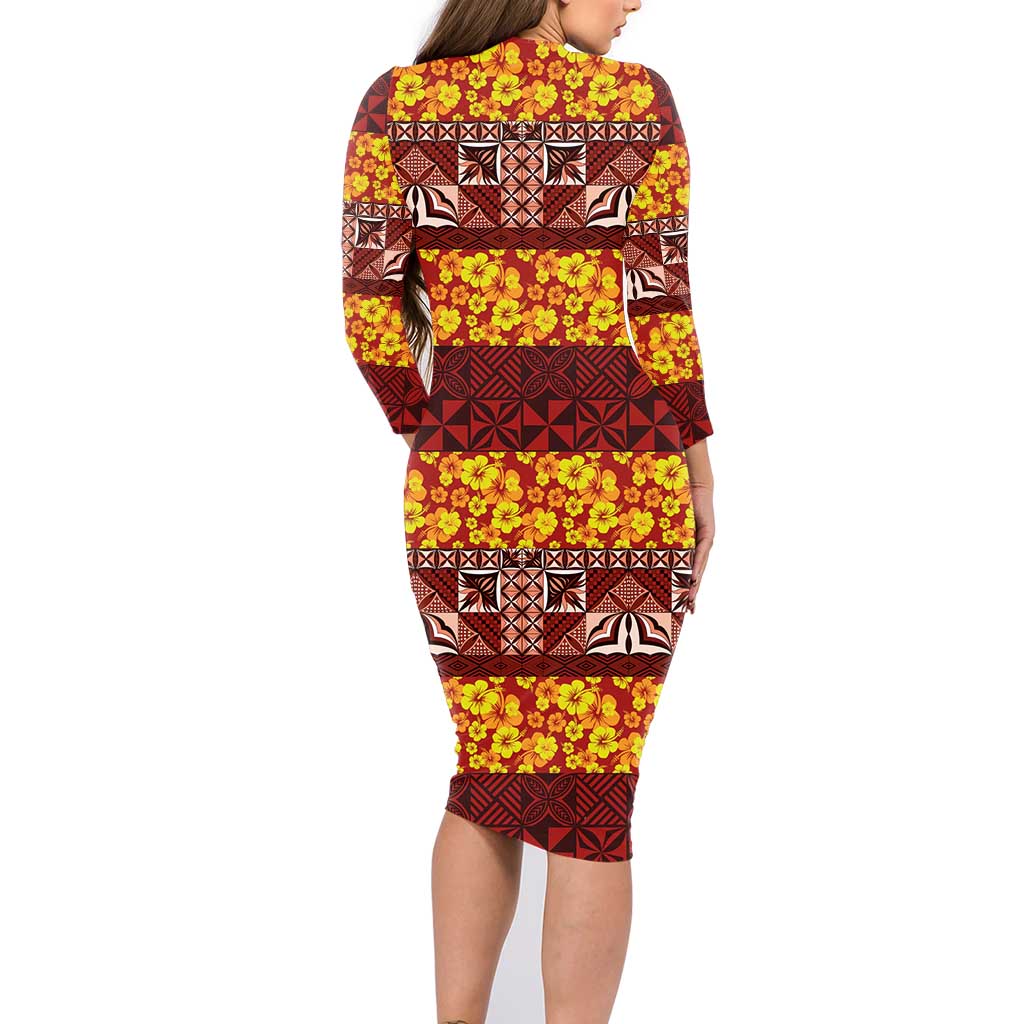 Samoa Siapo and Tapa Family Matching Long Sleeve Bodycon Dress and Hawaiian Shirt Pacific Tribal Pattern with Hibiscus Striped Style LT03 - Polynesian Pride