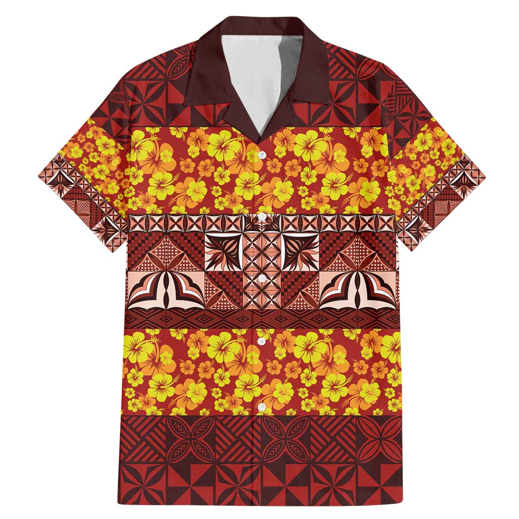 Samoa Siapo and Tapa Family Matching Mermaid Dress and Hawaiian Shirt Pacific Tribal Pattern with Hibiscus Striped Style LT03 Dad's Shirt - Short Sleeve Red - Polynesian Pride