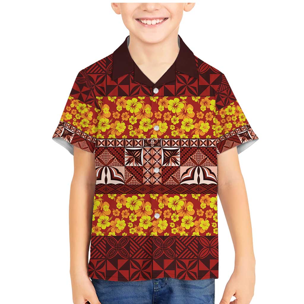 Samoa Siapo and Tapa Family Matching Mermaid Dress and Hawaiian Shirt Pacific Tribal Pattern with Hibiscus Striped Style LT03 Son's Shirt Red - Polynesian Pride