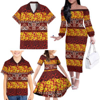 Samoa Siapo and Tapa Family Matching Off The Shoulder Long Sleeve Dress and Hawaiian Shirt Pacific Tribal Pattern with Hibiscus Striped Style LT03 - Polynesian Pride