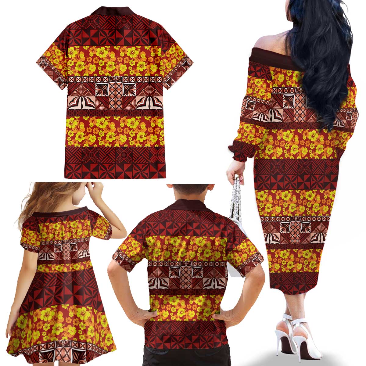 Samoa Siapo and Tapa Family Matching Off The Shoulder Long Sleeve Dress and Hawaiian Shirt Pacific Tribal Pattern with Hibiscus Striped Style LT03 - Polynesian Pride