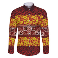 Samoa Siapo and Tapa Family Matching Off The Shoulder Long Sleeve Dress and Hawaiian Shirt Pacific Tribal Pattern with Hibiscus Striped Style LT03 Dad's Shirt - Long Sleeve Red - Polynesian Pride