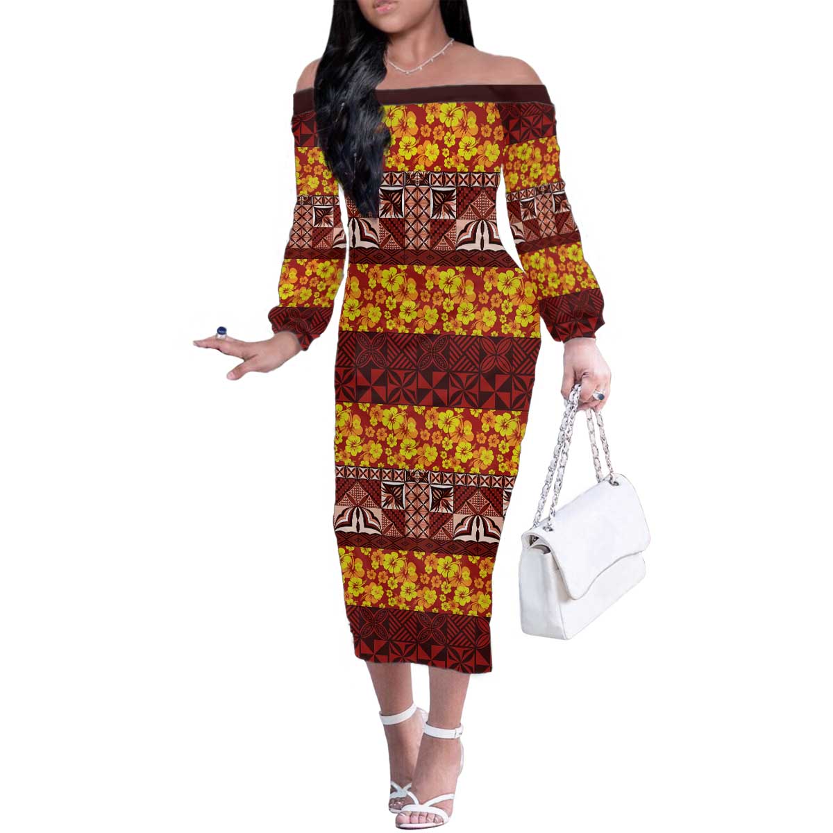 Samoa Siapo and Tapa Family Matching Off The Shoulder Long Sleeve Dress and Hawaiian Shirt Pacific Tribal Pattern with Hibiscus Striped Style LT03 Mom's Dress Red - Polynesian Pride