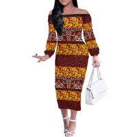 Samoa Siapo and Tapa Family Matching Off The Shoulder Long Sleeve Dress and Hawaiian Shirt Pacific Tribal Pattern with Hibiscus Striped Style LT03 Mom's Dress Red - Polynesian Pride