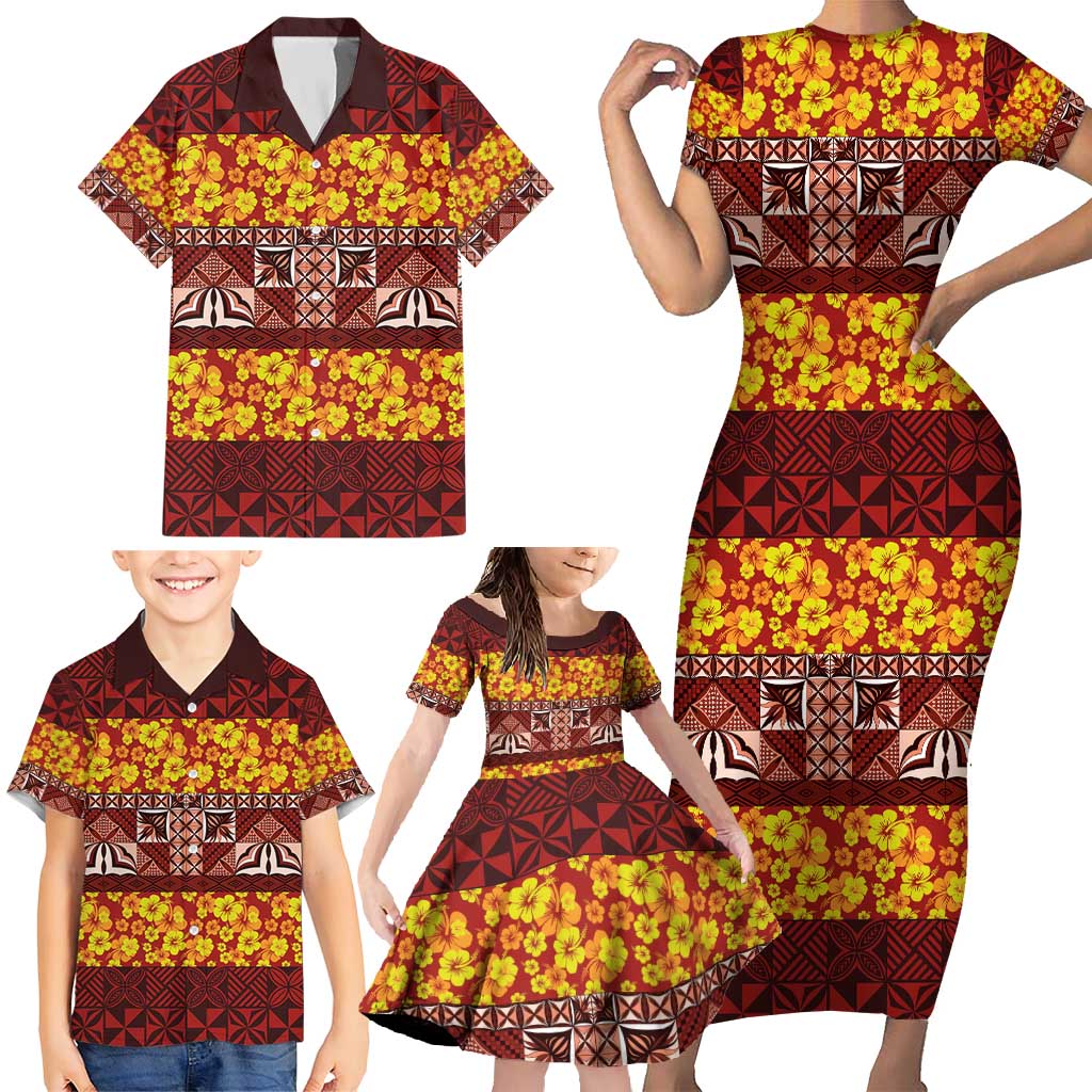Samoa Siapo and Tapa Family Matching Short Sleeve Bodycon Dress and Hawaiian Shirt Pacific Tribal Pattern with Hibiscus Striped Style LT03 - Polynesian Pride