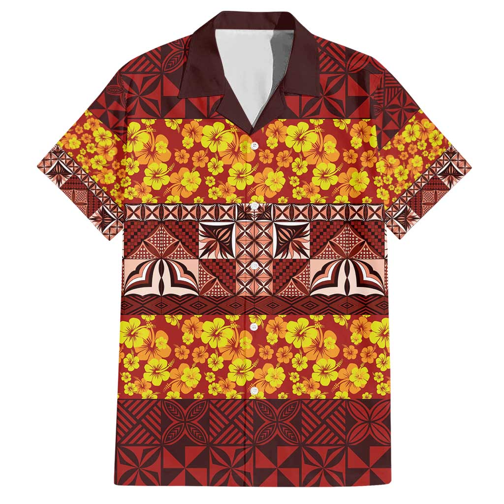 Samoa Siapo and Tapa Family Matching Short Sleeve Bodycon Dress and Hawaiian Shirt Pacific Tribal Pattern with Hibiscus Striped Style LT03 Dad's Shirt - Short Sleeve Red - Polynesian Pride