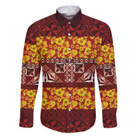 Samoa Siapo and Tapa Family Matching Short Sleeve Bodycon Dress and Hawaiian Shirt Pacific Tribal Pattern with Hibiscus Striped Style LT03 Dad's Shirt - Long Sleeve Red - Polynesian Pride