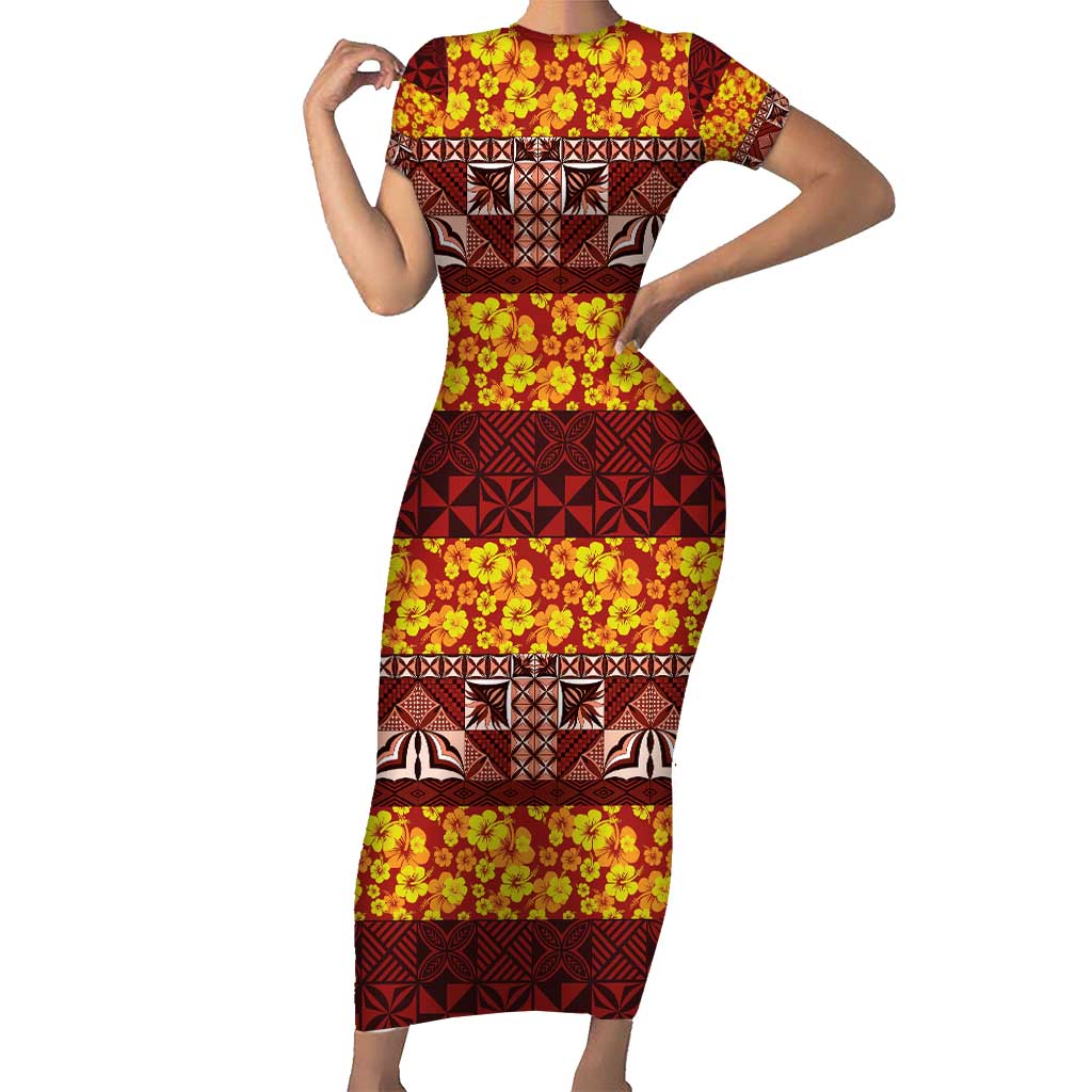 Samoa Siapo and Tapa Family Matching Short Sleeve Bodycon Dress and Hawaiian Shirt Pacific Tribal Pattern with Hibiscus Striped Style LT03 Mom's Dress Red - Polynesian Pride