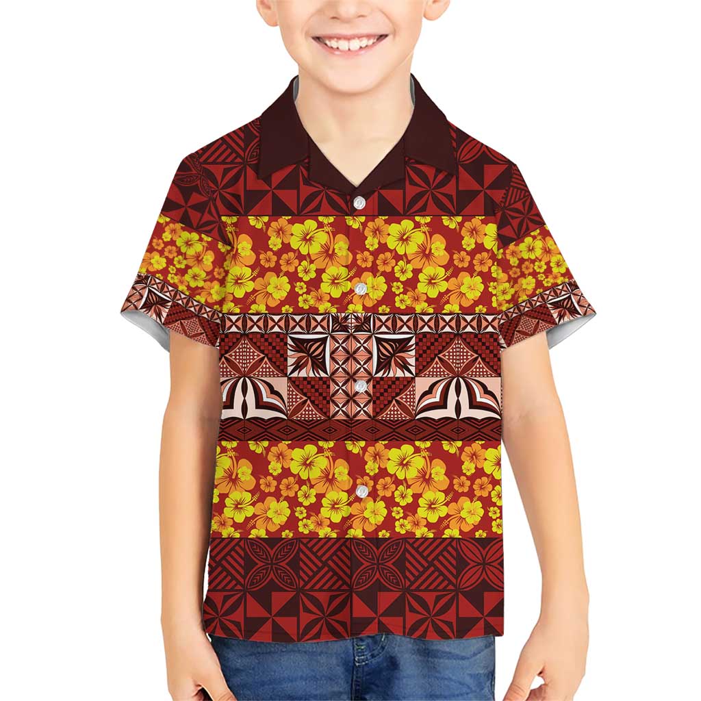 Samoa Siapo and Tapa Family Matching Short Sleeve Bodycon Dress and Hawaiian Shirt Pacific Tribal Pattern with Hibiscus Striped Style LT03 Son's Shirt Red - Polynesian Pride