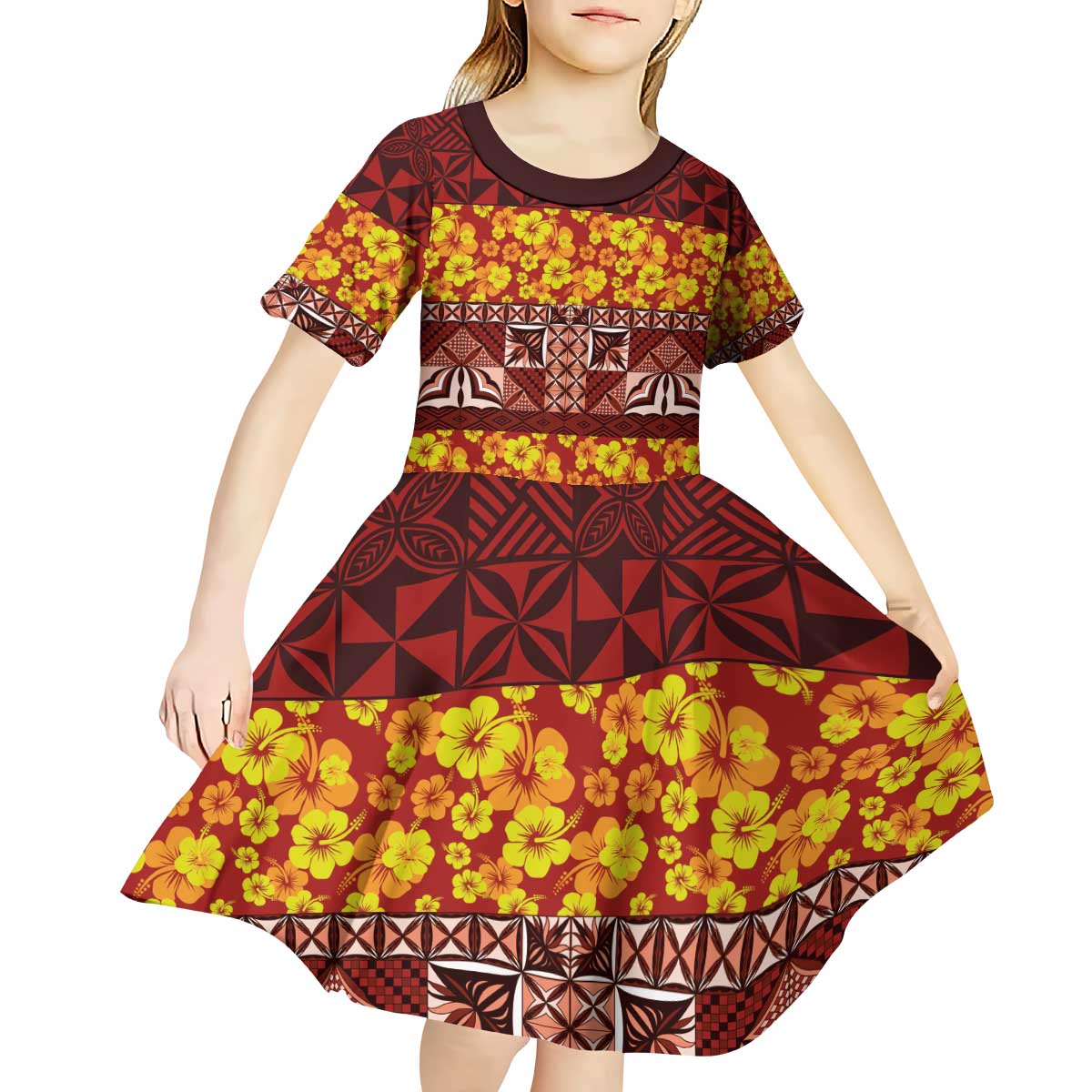 Samoa Siapo and Tapa Kid Short Sleeve Dress Pacific Tribal Pattern with Hibiscus Striped Style