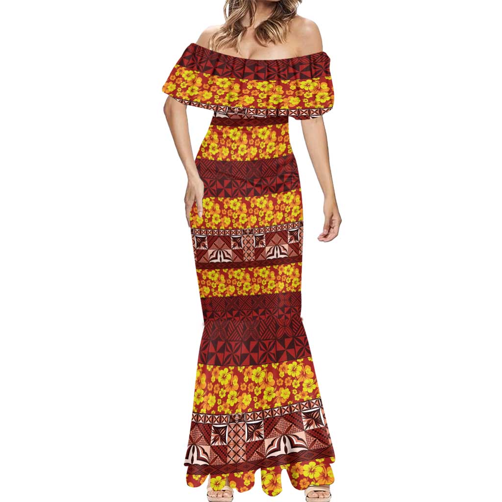 Samoa Siapo and Tapa Mermaid Dress Pacific Tribal Pattern with Hibiscus Striped Style
