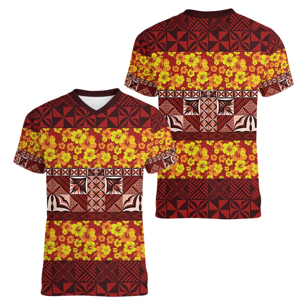 Samoa Siapo and Tapa Women V-Neck T-Shirt Pacific Tribal Pattern with Hibiscus Striped Style