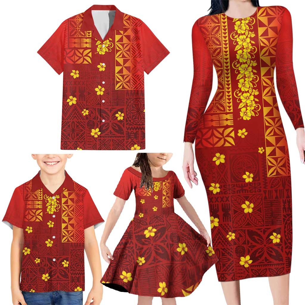 Samoa Tapa Pacific Tribal Pattern Family Matching Long Sleeve Bodycon Dress and Hawaiian Shirt Hibiscus and Plumeria LT03 - Polynesian Pride
