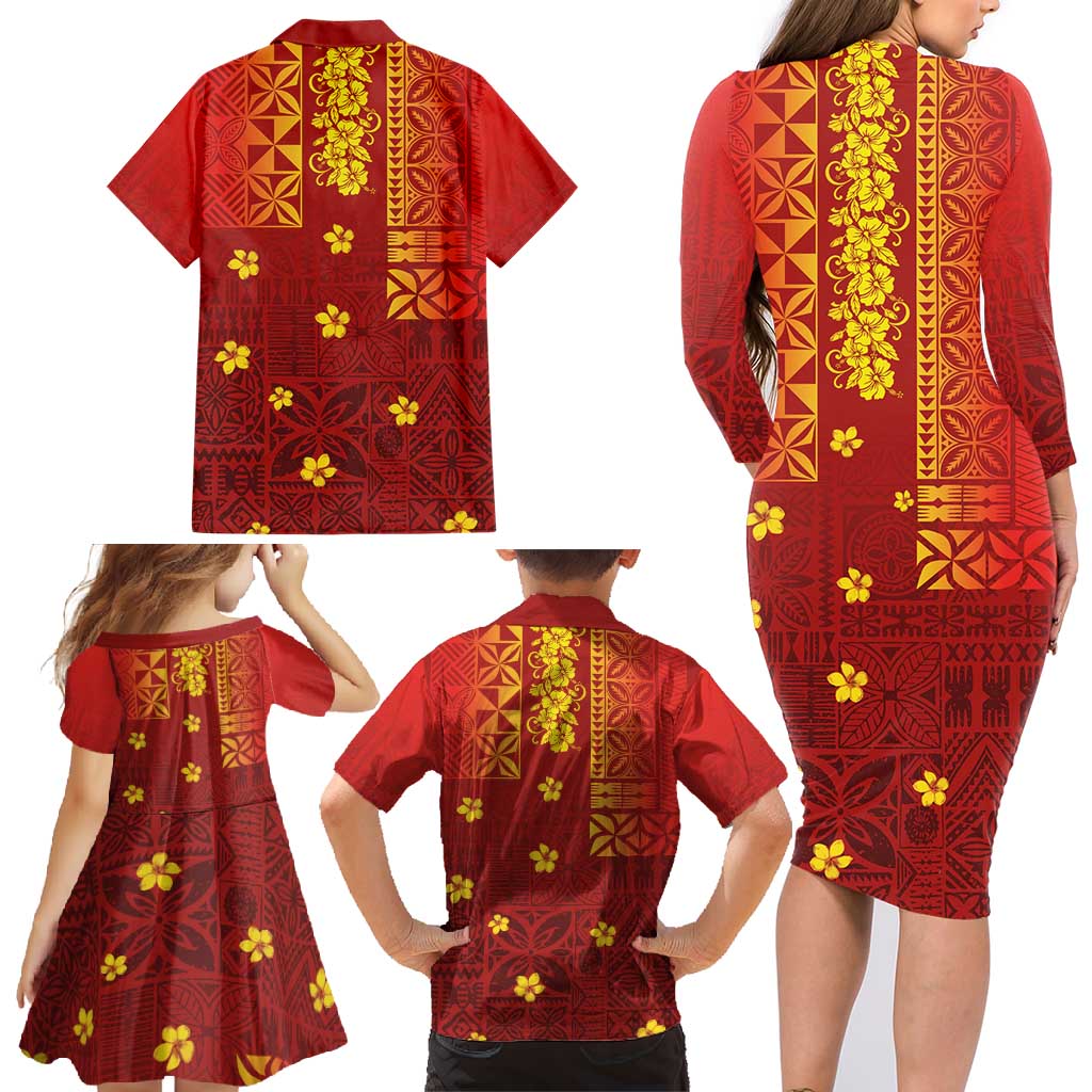 Samoa Tapa Pacific Tribal Pattern Family Matching Long Sleeve Bodycon Dress and Hawaiian Shirt Hibiscus and Plumeria LT03 - Polynesian Pride