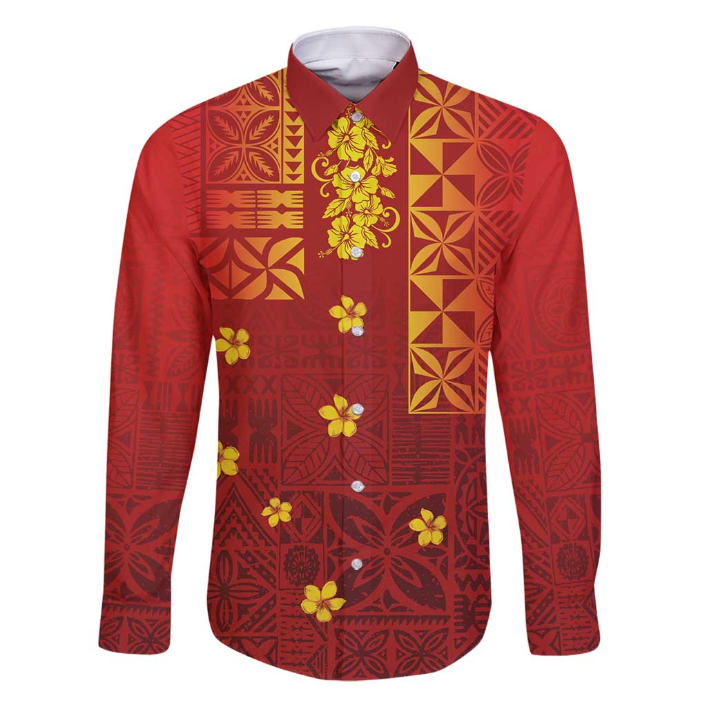 Samoa Tapa Pacific Tribal Pattern Family Matching Long Sleeve Bodycon Dress and Hawaiian Shirt Hibiscus and Plumeria LT03 Dad's Shirt - Long Sleeve Red - Polynesian Pride