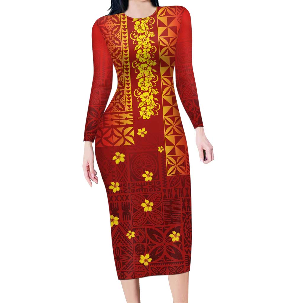 Samoa Tapa Pacific Tribal Pattern Family Matching Long Sleeve Bodycon Dress and Hawaiian Shirt Hibiscus and Plumeria LT03 Mom's Dress Red - Polynesian Pride