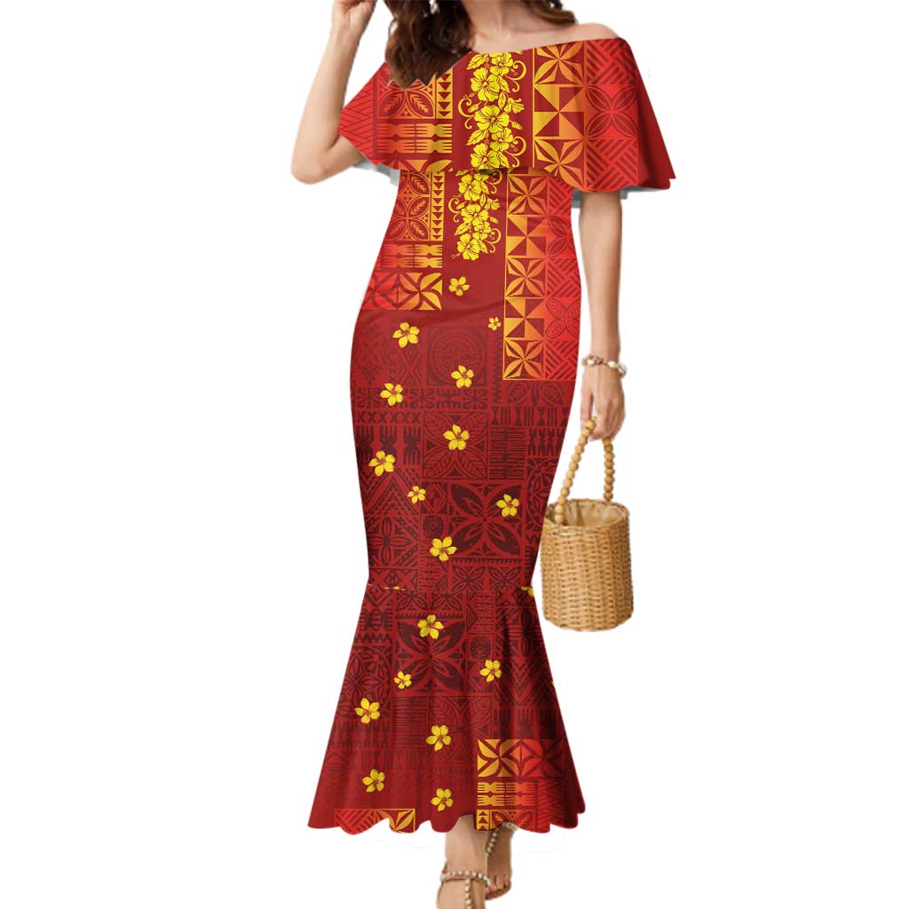 Samoa Tapa Pacific Tribal Pattern Family Matching Mermaid Dress and Hawaiian Shirt Hibiscus and Plumeria LT03 Mom's Dress Red - Polynesian Pride