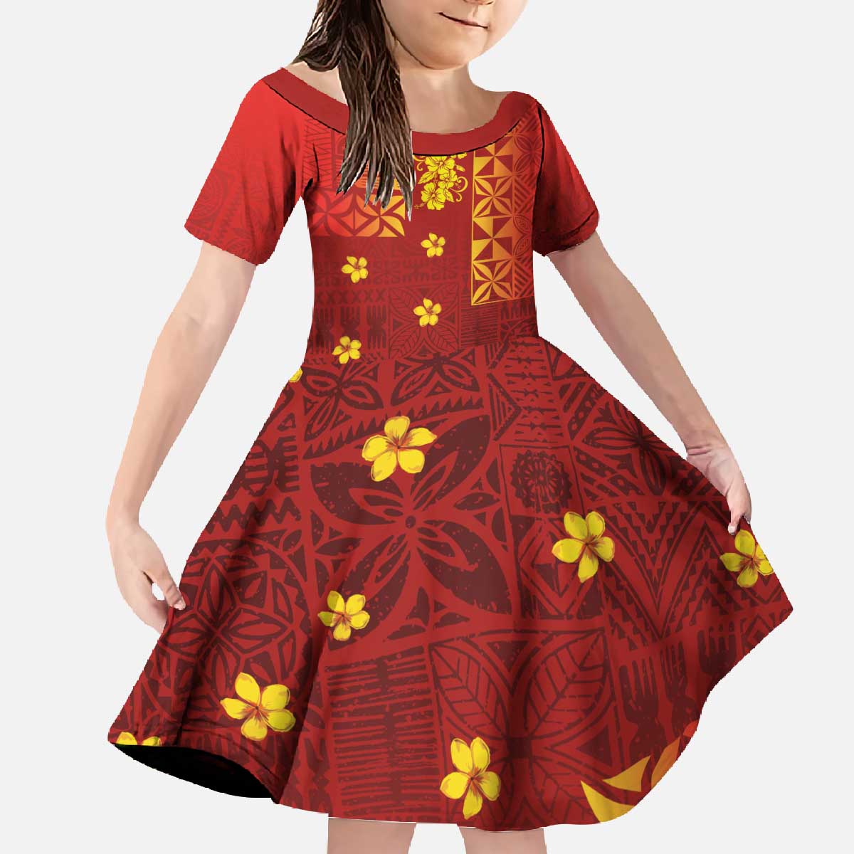 Samoa Tapa Pacific Tribal Pattern Family Matching Off The Shoulder Long Sleeve Dress and Hawaiian Shirt Hibiscus and Plumeria LT03 Daughter's Dress Red - Polynesian Pride