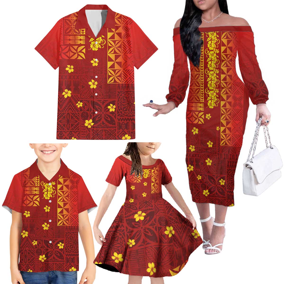 Samoa Tapa Pacific Tribal Pattern Family Matching Off The Shoulder Long Sleeve Dress and Hawaiian Shirt Hibiscus and Plumeria LT03 - Polynesian Pride