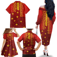 Samoa Tapa Pacific Tribal Pattern Family Matching Off The Shoulder Long Sleeve Dress and Hawaiian Shirt Hibiscus and Plumeria LT03 - Polynesian Pride