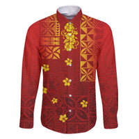 Samoa Tapa Pacific Tribal Pattern Family Matching Off The Shoulder Long Sleeve Dress and Hawaiian Shirt Hibiscus and Plumeria LT03 Dad's Shirt - Long Sleeve Red - Polynesian Pride