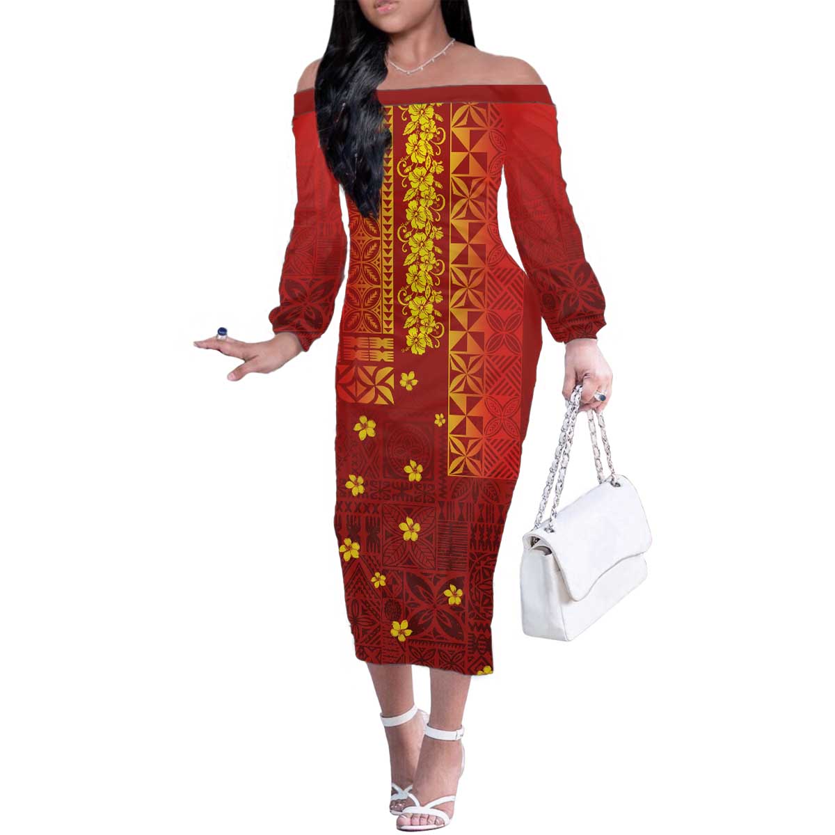 Samoa Tapa Pacific Tribal Pattern Family Matching Off The Shoulder Long Sleeve Dress and Hawaiian Shirt Hibiscus and Plumeria LT03 Mom's Dress Red - Polynesian Pride