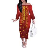 Samoa Tapa Pacific Tribal Pattern Family Matching Off The Shoulder Long Sleeve Dress and Hawaiian Shirt Hibiscus and Plumeria LT03 Mom's Dress Red - Polynesian Pride