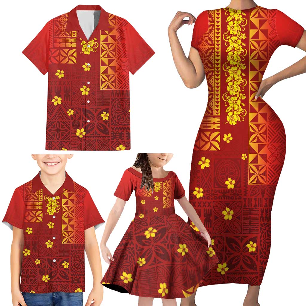 Samoa Tapa Pacific Tribal Pattern Family Matching Short Sleeve Bodycon Dress and Hawaiian Shirt Hibiscus and Plumeria LT03 - Polynesian Pride
