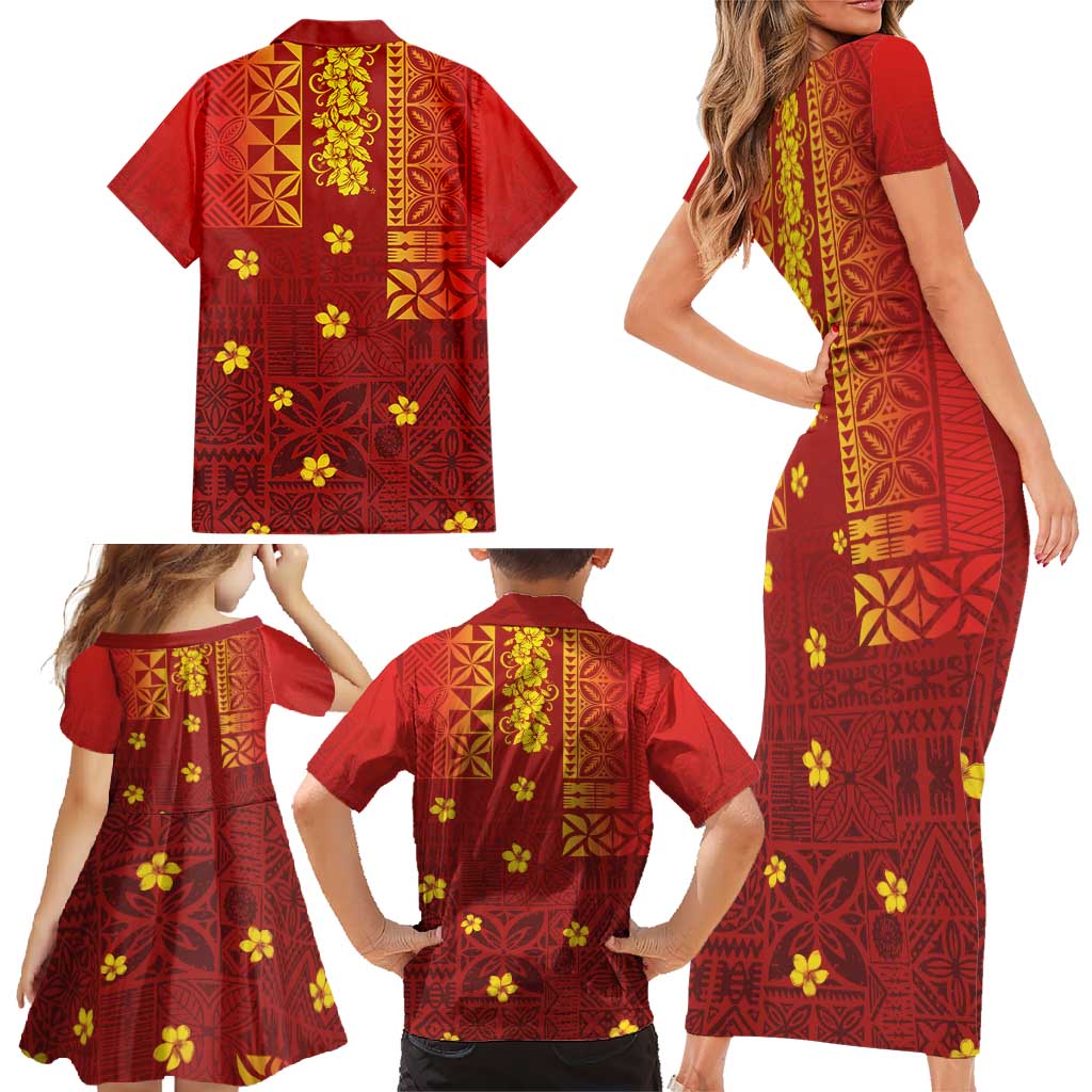 Samoa Tapa Pacific Tribal Pattern Family Matching Short Sleeve Bodycon Dress and Hawaiian Shirt Hibiscus and Plumeria LT03 - Polynesian Pride