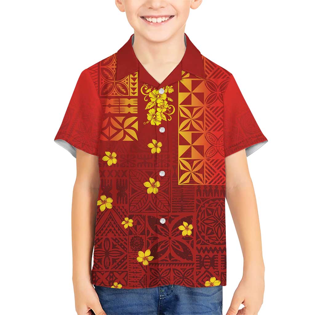 Samoa Tapa Pacific Tribal Pattern Family Matching Short Sleeve Bodycon Dress and Hawaiian Shirt Hibiscus and Plumeria LT03 Son's Shirt Red - Polynesian Pride