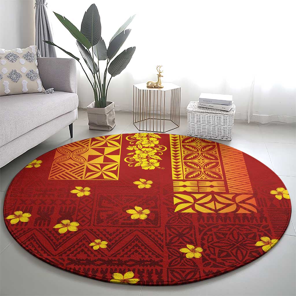 Samoa Tapa Pacific Tribal Pattern Round Carpet Hibiscus and Plumeria